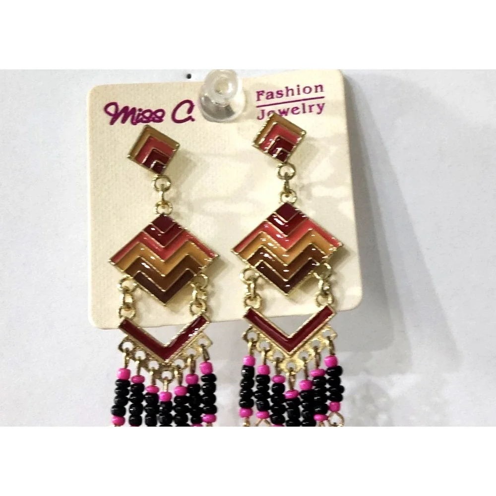 Miss C Native American Dangle‎ Earrings Oval Shape Beaded Surgical Steel